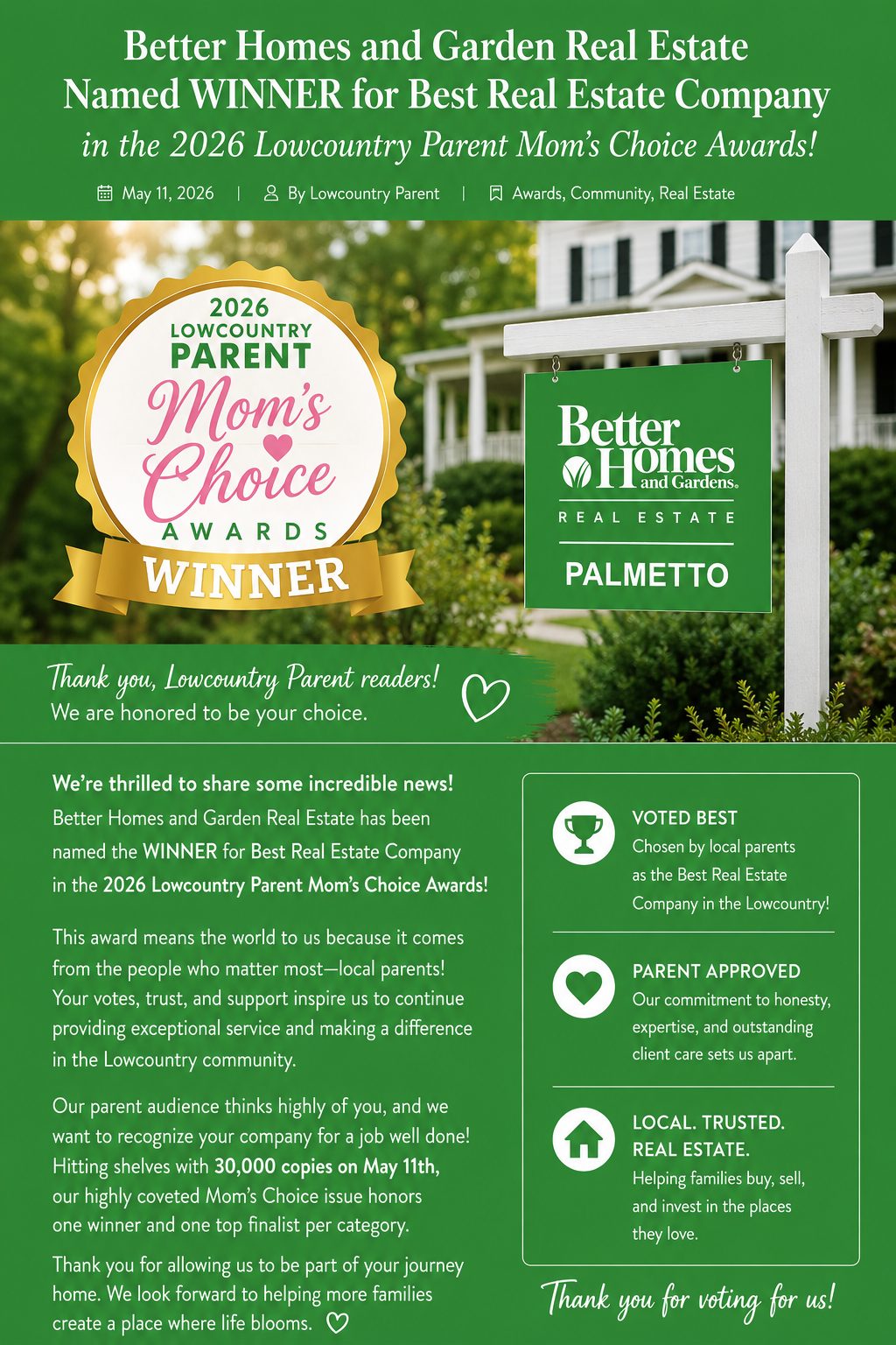 Better Homes and Gardens Real Estate Palmetto Named Winner in the 2026 Lowcountry Parent Mom’s Choice Awards